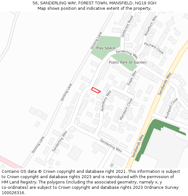 56, SANDERLING WAY, FOREST TOWN, MANSFIELD, NG19 0GH: Location map and indicative extent of plot