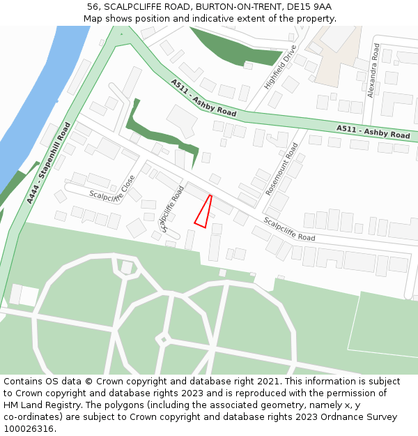 56, SCALPCLIFFE ROAD, BURTON-ON-TRENT, DE15 9AA: Location map and indicative extent of plot