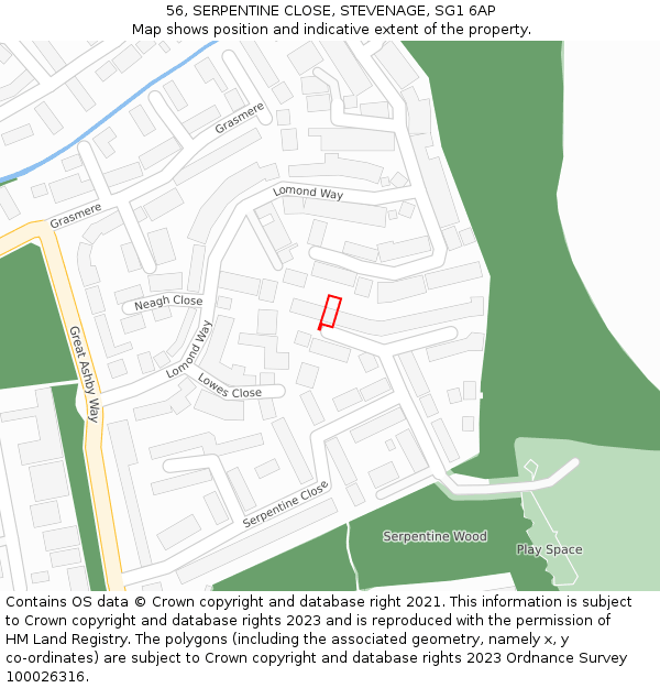 56, SERPENTINE CLOSE, STEVENAGE, SG1 6AP: Location map and indicative extent of plot