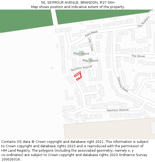 56, SEYMOUR AVENUE, BRANDON, IP27 0XH: Location map and indicative extent of plot