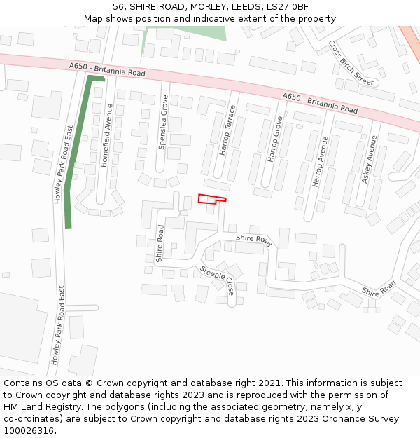 56, SHIRE ROAD, MORLEY, LEEDS, LS27 0BF: Location map and indicative extent of plot