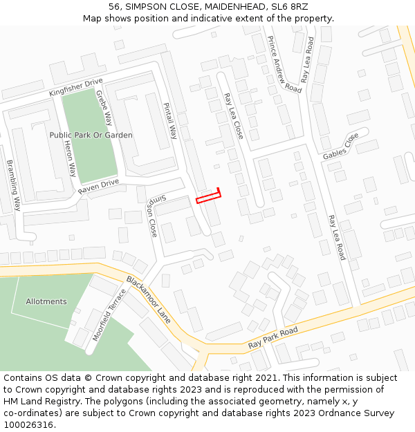 56, SIMPSON CLOSE, MAIDENHEAD, SL6 8RZ: Location map and indicative extent of plot