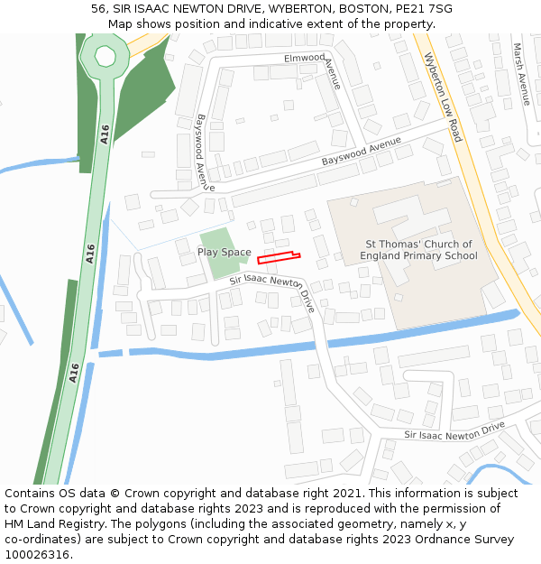 56, SIR ISAAC NEWTON DRIVE, WYBERTON, BOSTON, PE21 7SG: Location map and indicative extent of plot
