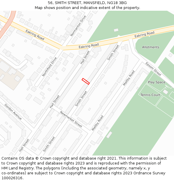56, SMITH STREET, MANSFIELD, NG18 3BG: Location map and indicative extent of plot
