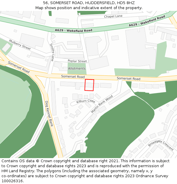 56, SOMERSET ROAD, HUDDERSFIELD, HD5 8HZ: Location map and indicative extent of plot