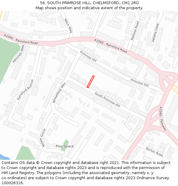 56, SOUTH PRIMROSE HILL, CHELMSFORD, CM1 2RG: Location map and indicative extent of plot