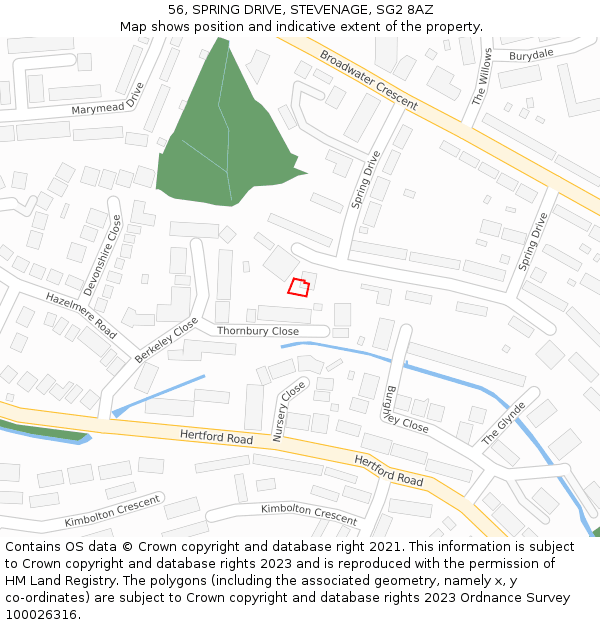56, SPRING DRIVE, STEVENAGE, SG2 8AZ: Location map and indicative extent of plot