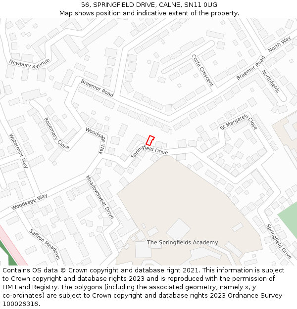56, SPRINGFIELD DRIVE, CALNE, SN11 0UG: Location map and indicative extent of plot
