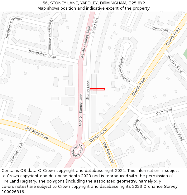 56, STONEY LANE, YARDLEY, BIRMINGHAM, B25 8YP: Location map and indicative extent of plot