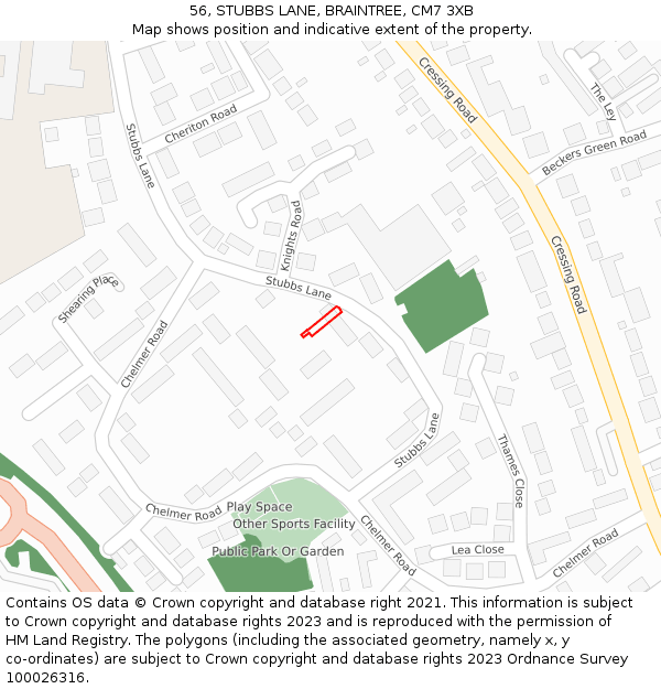 56, STUBBS LANE, BRAINTREE, CM7 3XB: Location map and indicative extent of plot