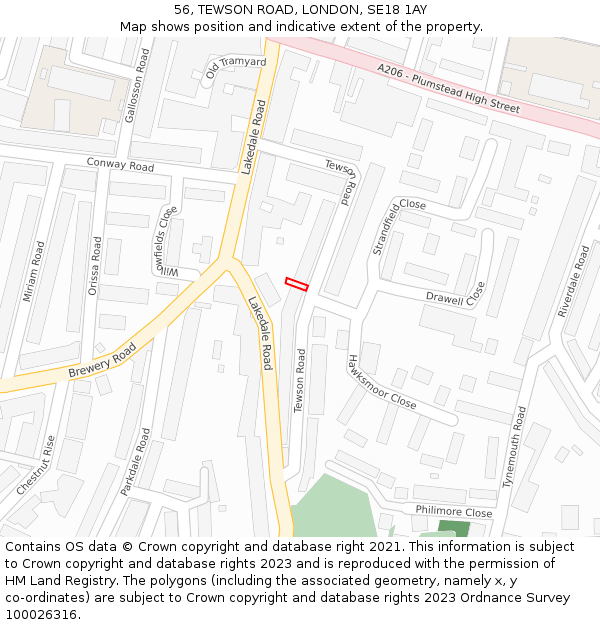 56, TEWSON ROAD, LONDON, SE18 1AY: Location map and indicative extent of plot
