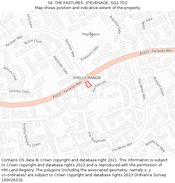 56, THE PASTURES, STEVENAGE, SG2 7DZ: Location map and indicative extent of plot
