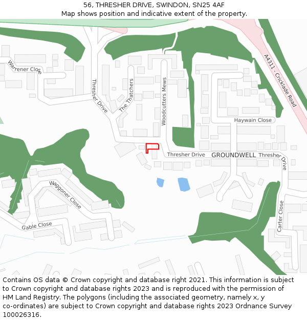 56, THRESHER DRIVE, SWINDON, SN25 4AF: Location map and indicative extent of plot