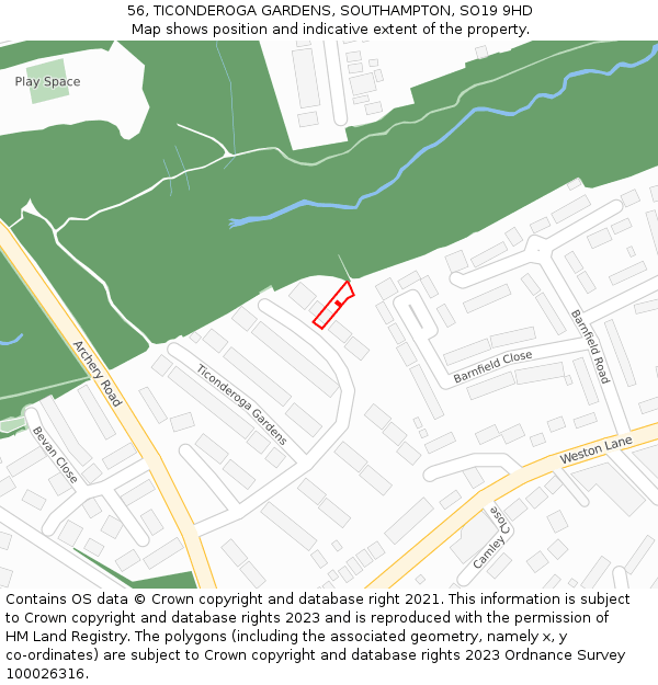 56, TICONDEROGA GARDENS, SOUTHAMPTON, SO19 9HD: Location map and indicative extent of plot