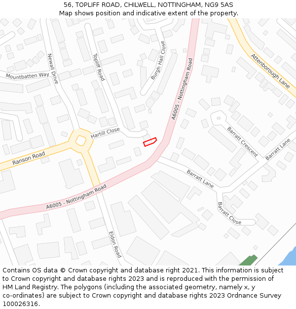56, TOPLIFF ROAD, CHILWELL, NOTTINGHAM, NG9 5AS: Location map and indicative extent of plot