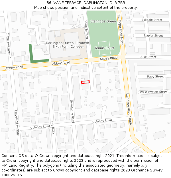 56, VANE TERRACE, DARLINGTON, DL3 7RB: Location map and indicative extent of plot
