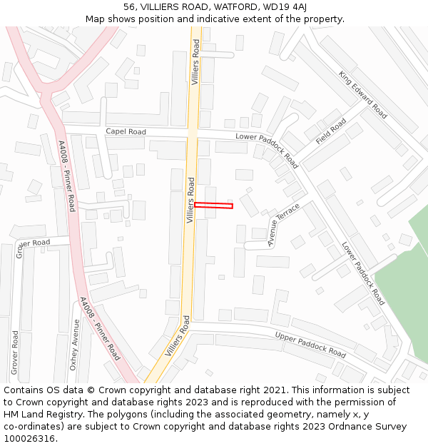 56, VILLIERS ROAD, WATFORD, WD19 4AJ: Location map and indicative extent of plot