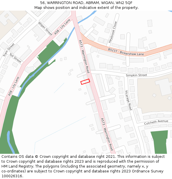 56, WARRINGTON ROAD, ABRAM, WIGAN, WN2 5QF: Location map and indicative extent of plot