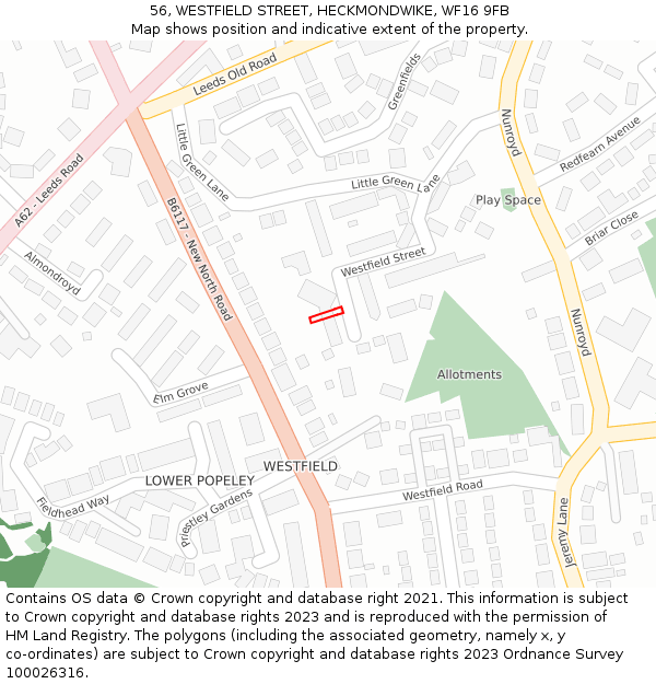 56, WESTFIELD STREET, HECKMONDWIKE, WF16 9FB: Location map and indicative extent of plot