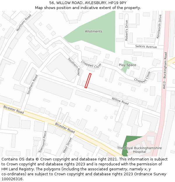 56, WILLOW ROAD, AYLESBURY, HP19 9PY: Location map and indicative extent of plot