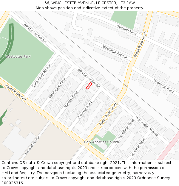 56, WINCHESTER AVENUE, LEICESTER, LE3 1AW: Location map and indicative extent of plot