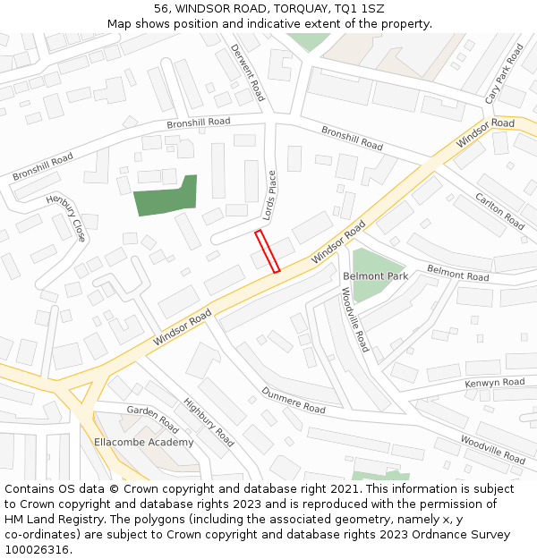 56, WINDSOR ROAD, TORQUAY, TQ1 1SZ: Location map and indicative extent of plot