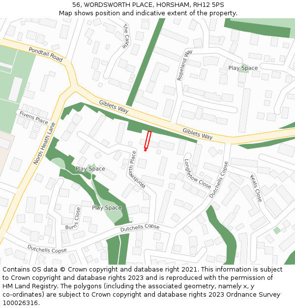 56, WORDSWORTH PLACE, HORSHAM, RH12 5PS: Location map and indicative extent of plot