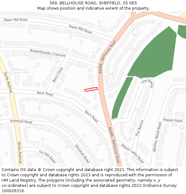 569, BELLHOUSE ROAD, SHEFFIELD, S5 0ES: Location map and indicative extent of plot