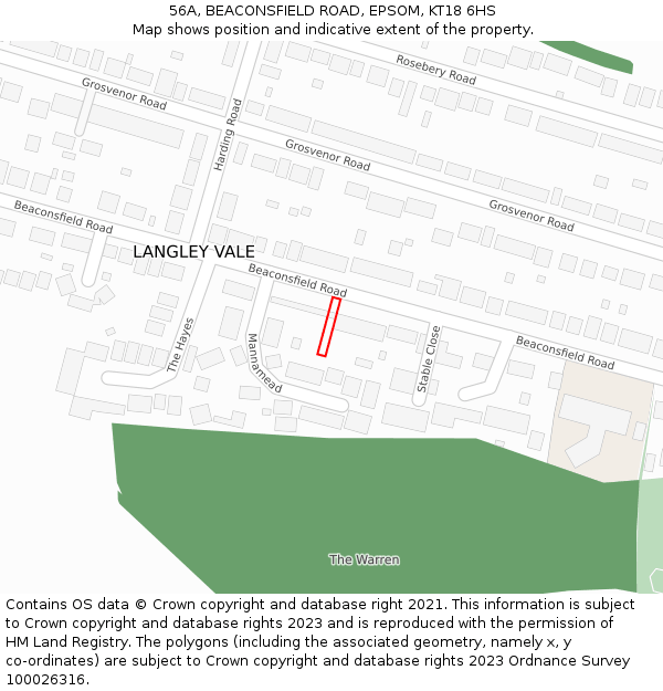 56A, BEACONSFIELD ROAD, EPSOM, KT18 6HS: Location map and indicative extent of plot
