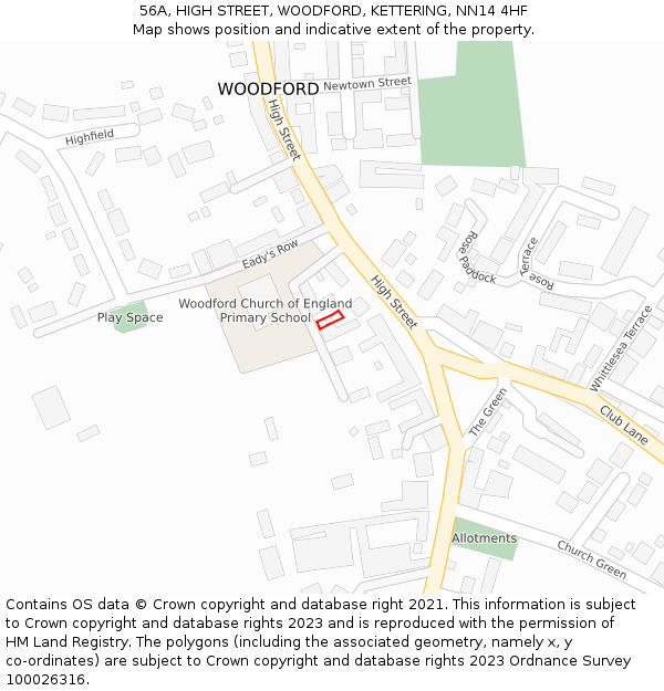 56A, HIGH STREET, WOODFORD, KETTERING, NN14 4HF: Location map and indicative extent of plot