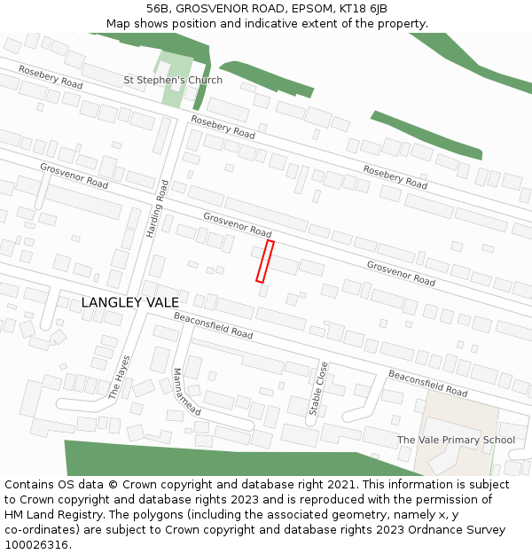 56B, GROSVENOR ROAD, EPSOM, KT18 6JB: Location map and indicative extent of plot