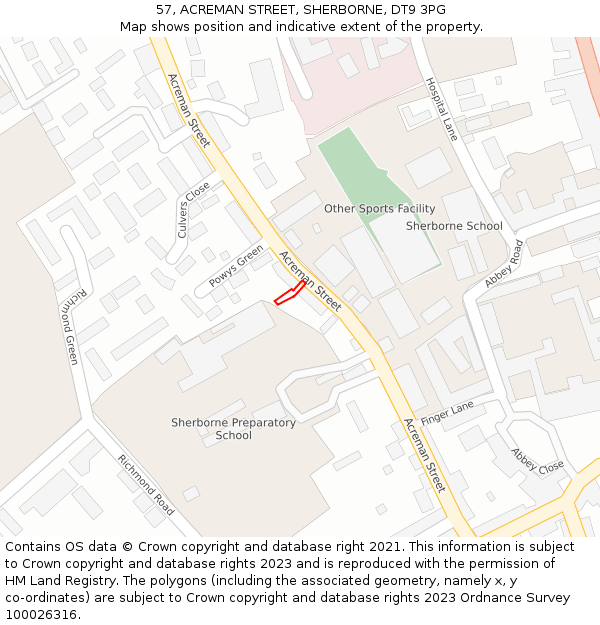 57, ACREMAN STREET, SHERBORNE, DT9 3PG: Location map and indicative extent of plot