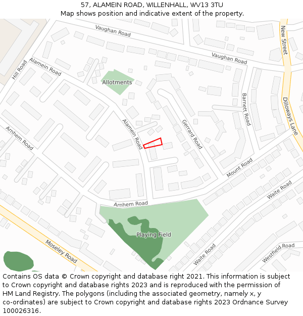 57, ALAMEIN ROAD, WILLENHALL, WV13 3TU: Location map and indicative extent of plot