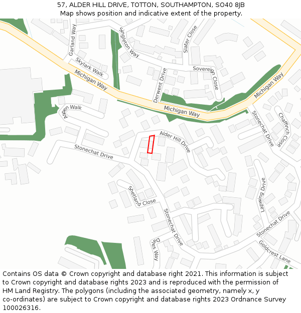 57, ALDER HILL DRIVE, TOTTON, SOUTHAMPTON, SO40 8JB: Location map and indicative extent of plot