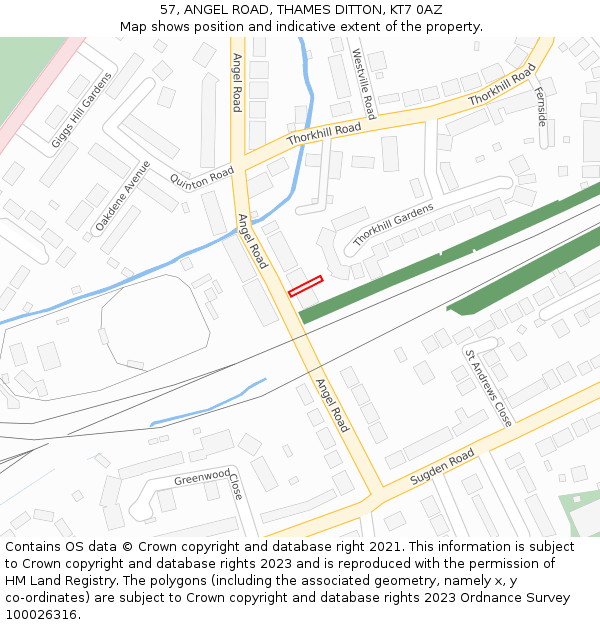 57, ANGEL ROAD, THAMES DITTON, KT7 0AZ: Location map and indicative extent of plot