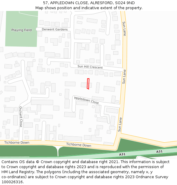 57, APPLEDOWN CLOSE, ALRESFORD, SO24 9ND: Location map and indicative extent of plot