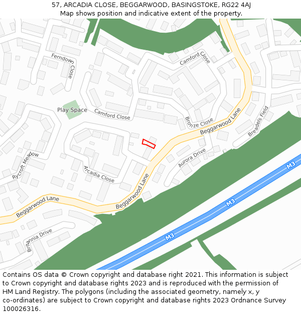 57, ARCADIA CLOSE, BEGGARWOOD, BASINGSTOKE, RG22 4AJ: Location map and indicative extent of plot