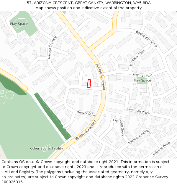 57, ARIZONA CRESCENT, GREAT SANKEY, WARRINGTON, WA5 8DA: Location map and indicative extent of plot