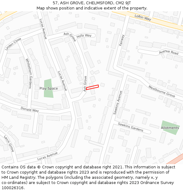 57, ASH GROVE, CHELMSFORD, CM2 9JT: Location map and indicative extent of plot
