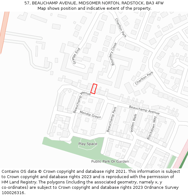 57, BEAUCHAMP AVENUE, MIDSOMER NORTON, RADSTOCK, BA3 4FW: Location map and indicative extent of plot