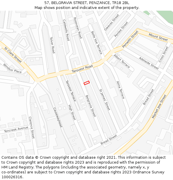 57, BELGRAVIA STREET, PENZANCE, TR18 2BL: Location map and indicative extent of plot
