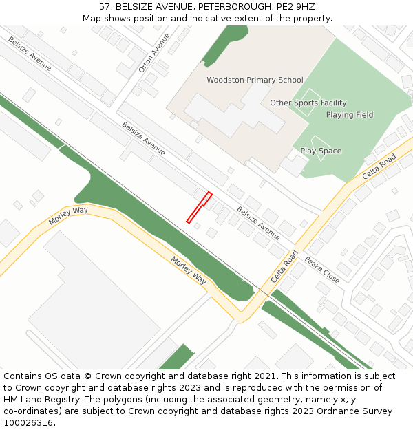 57, BELSIZE AVENUE, PETERBOROUGH, PE2 9HZ: Location map and indicative extent of plot