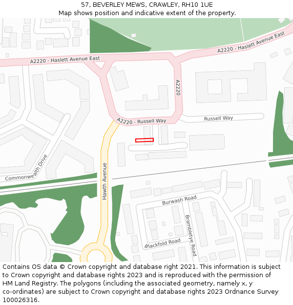 57, BEVERLEY MEWS, CRAWLEY, RH10 1UE: Location map and indicative extent of plot