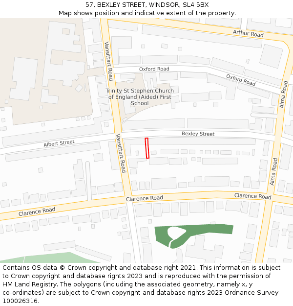 57, BEXLEY STREET, WINDSOR, SL4 5BX: Location map and indicative extent of plot