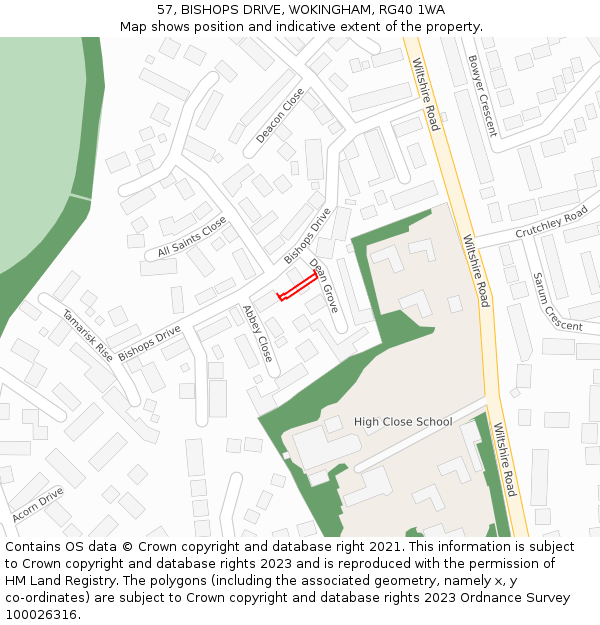 57, BISHOPS DRIVE, WOKINGHAM, RG40 1WA: Location map and indicative extent of plot