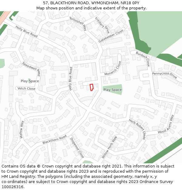 57, BLACKTHORN ROAD, WYMONDHAM, NR18 0PY: Location map and indicative extent of plot