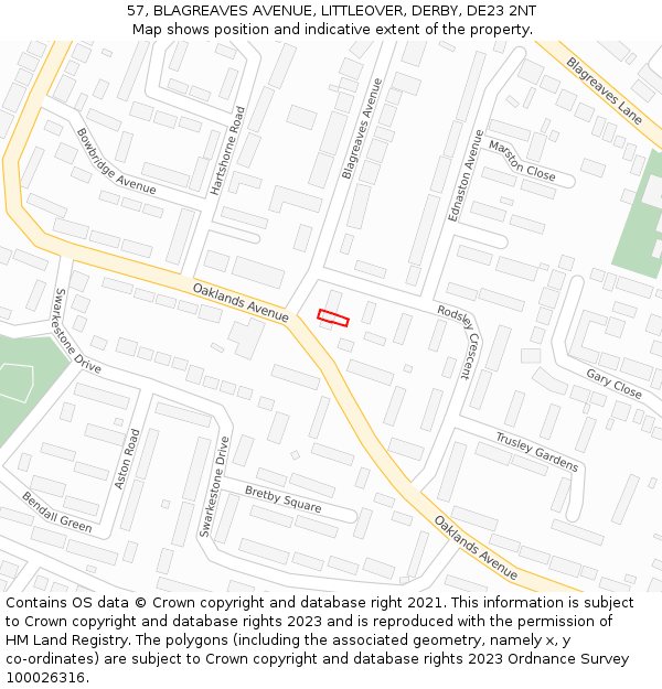 57, BLAGREAVES AVENUE, LITTLEOVER, DERBY, DE23 2NT: Location map and indicative extent of plot