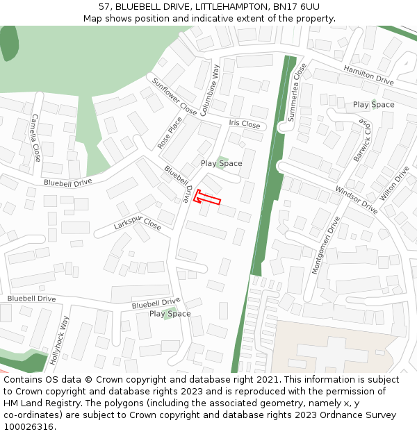57, BLUEBELL DRIVE, LITTLEHAMPTON, BN17 6UU: Location map and indicative extent of plot