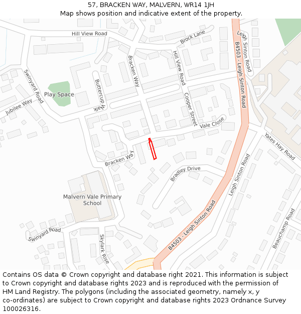 57, BRACKEN WAY, MALVERN, WR14 1JH: Location map and indicative extent of plot