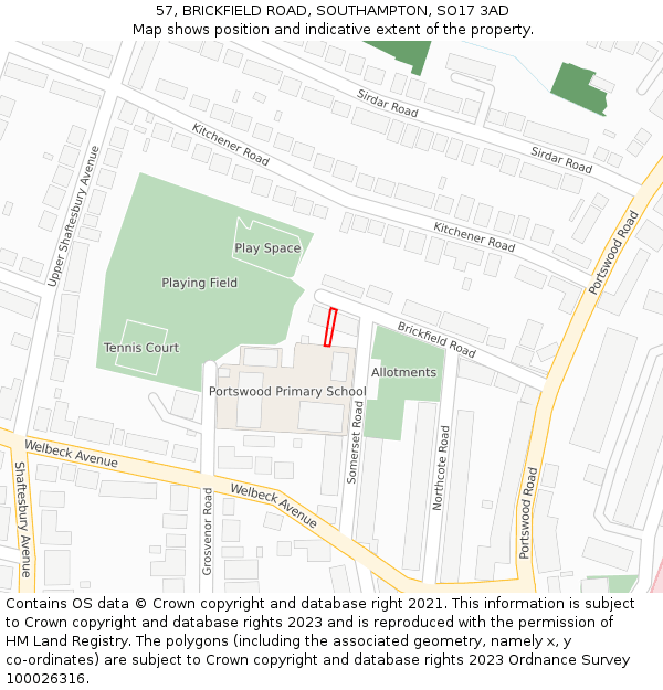 57, BRICKFIELD ROAD, SOUTHAMPTON, SO17 3AD: Location map and indicative extent of plot